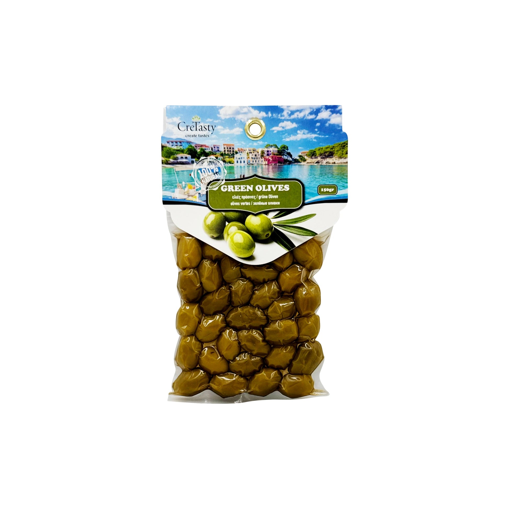 Ελιές πράσινες ολόκληρες CreTasty 150γ σε retail συσκευασία με οπή