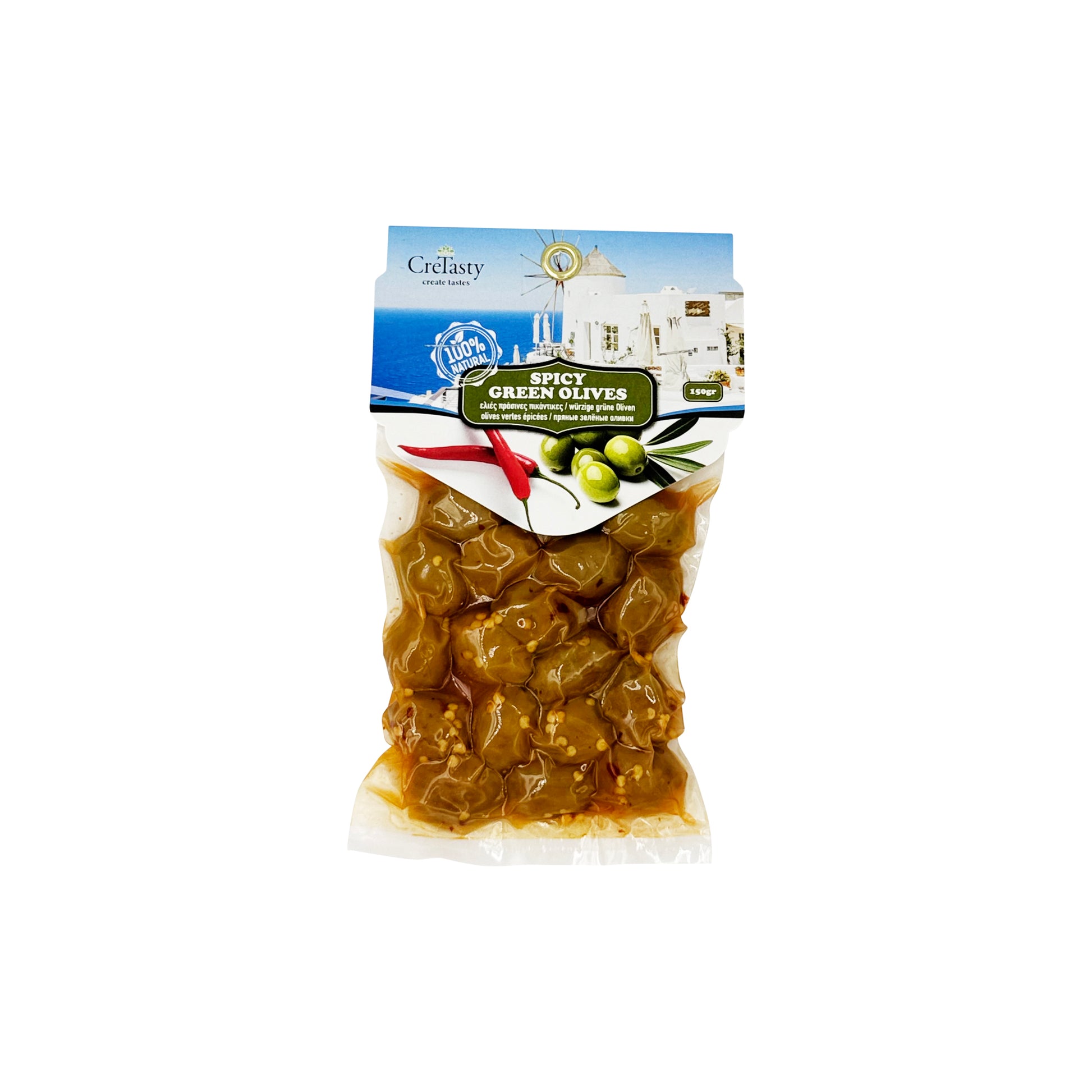 Ελιές πράσινες πικάντικες CreTasty 150γ με καυτερό τόνο και έντονο άρωμα