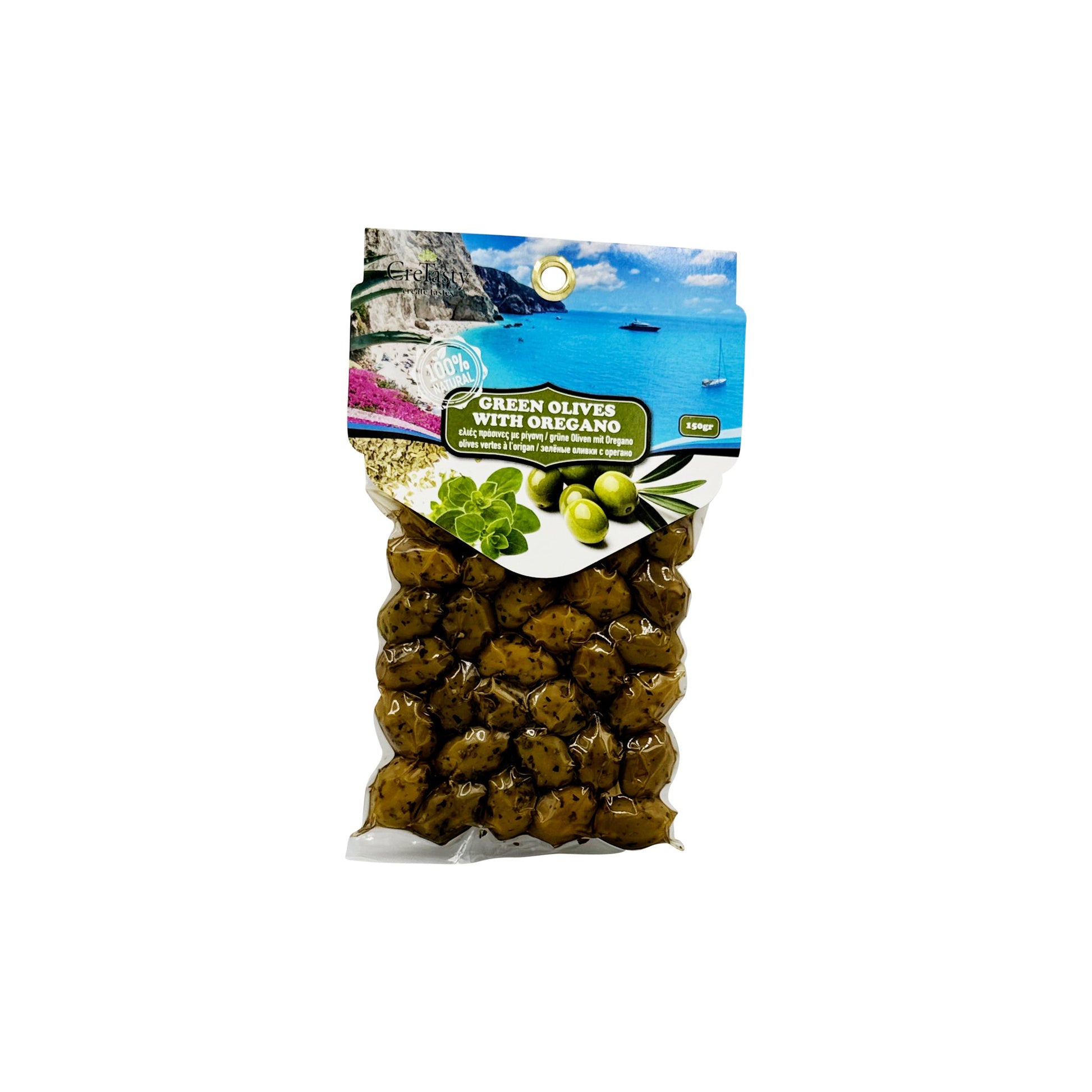 Ελιές πράσινες με ρίγανη CreTasty 150γ, ελληνικής προέλευσης σε retail συσκευασία