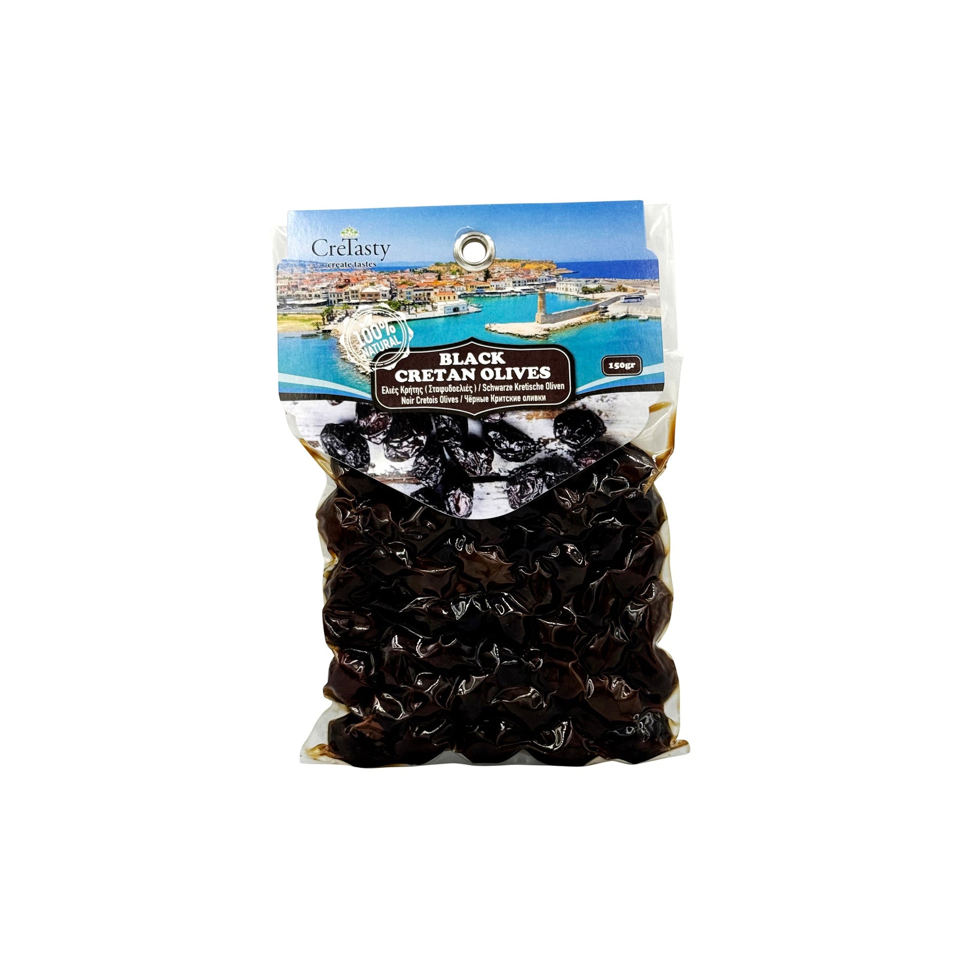 Ελιές Σταφιδοελιά Κρήτης CreTasty 150γ σε συσκευασία με οπή για τοποθέτηση σε σταντ