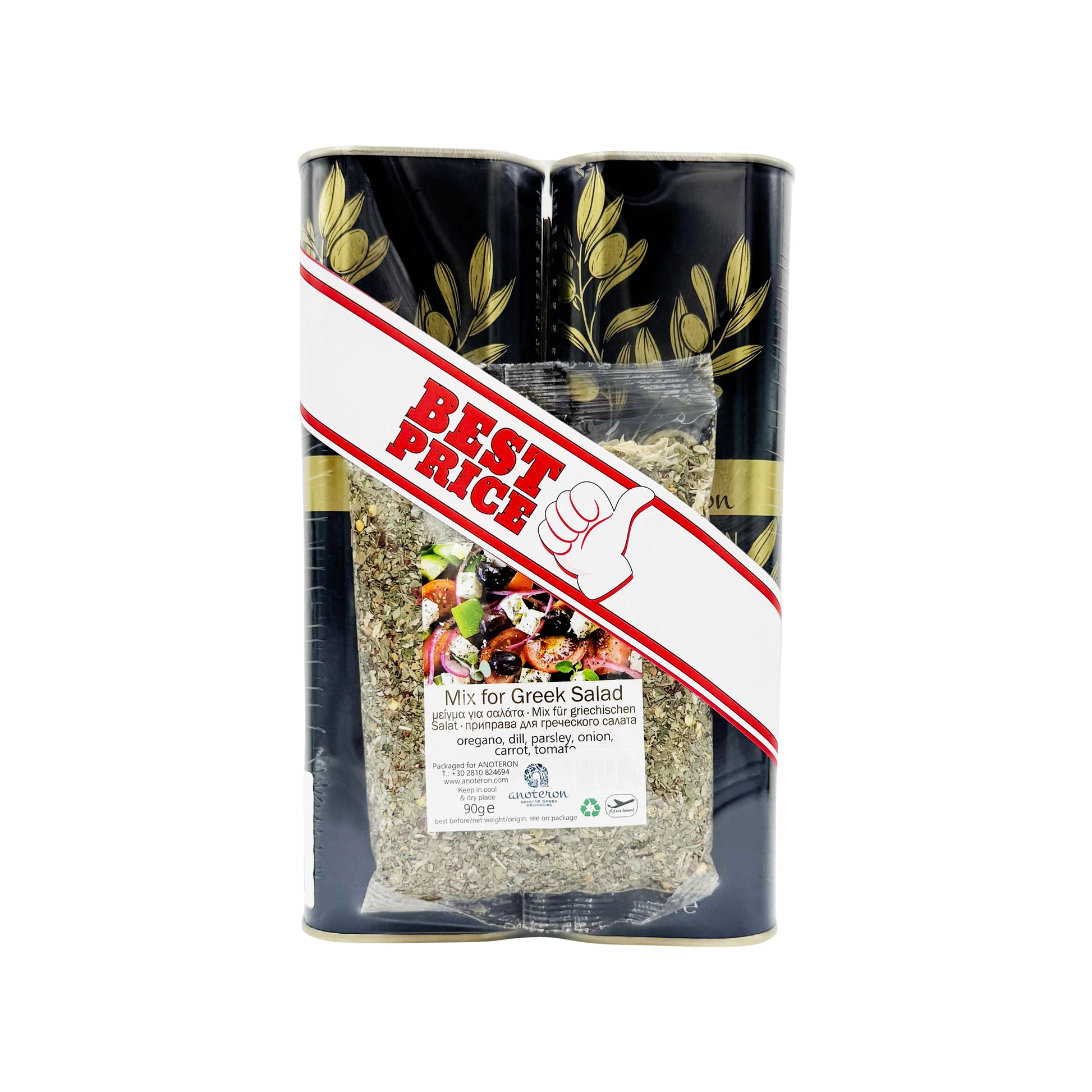 2 TIN ελαιόλαδα 1L & μείγμα για σαλάτα Anoteron – σετ με 90g μπαχαρικό για ελληνικές σαλάτες  