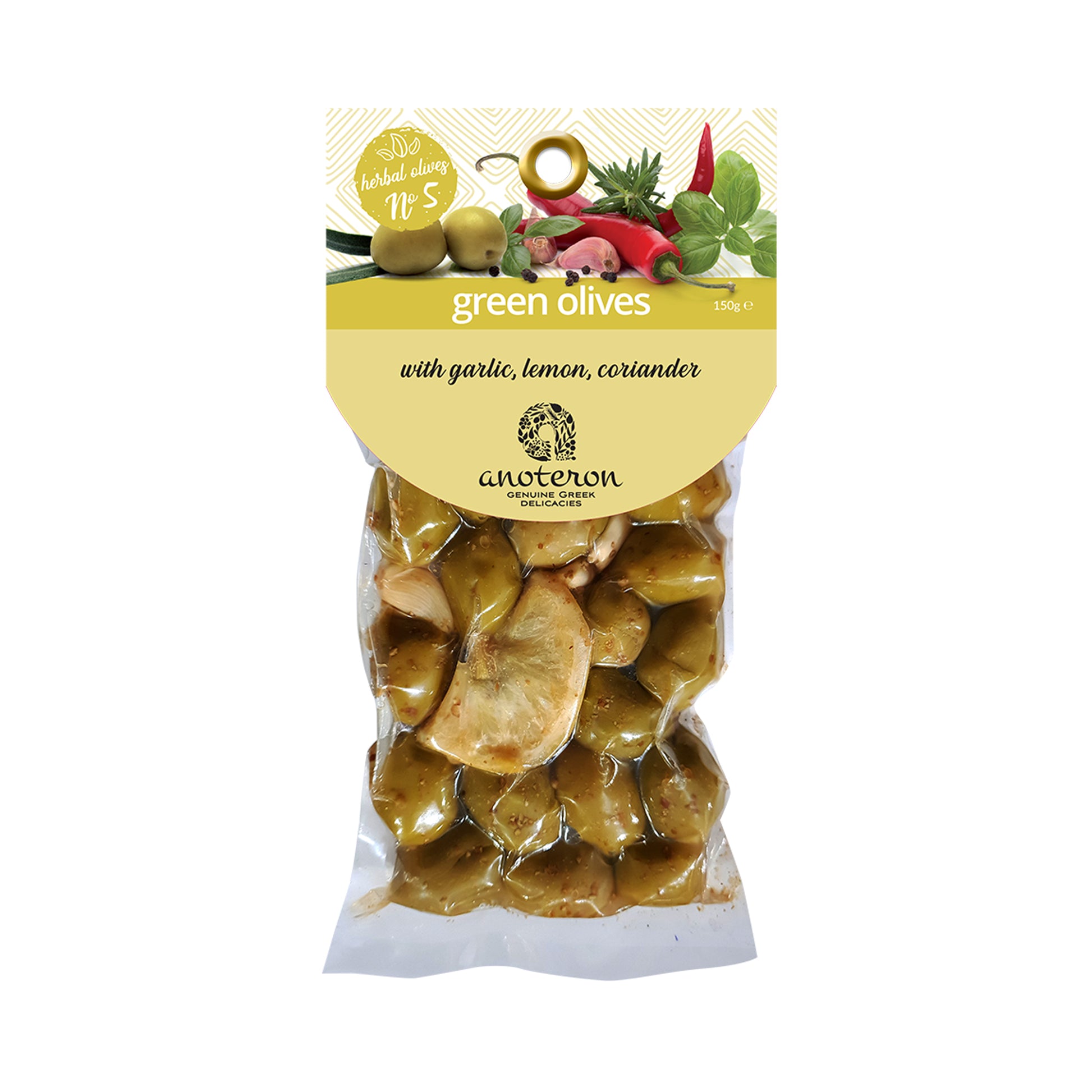 Πράσινες ελιές με βότανα Νο5 Anoteron 150g – με σκόρδο, λεμόνι και κόλιανδρο  