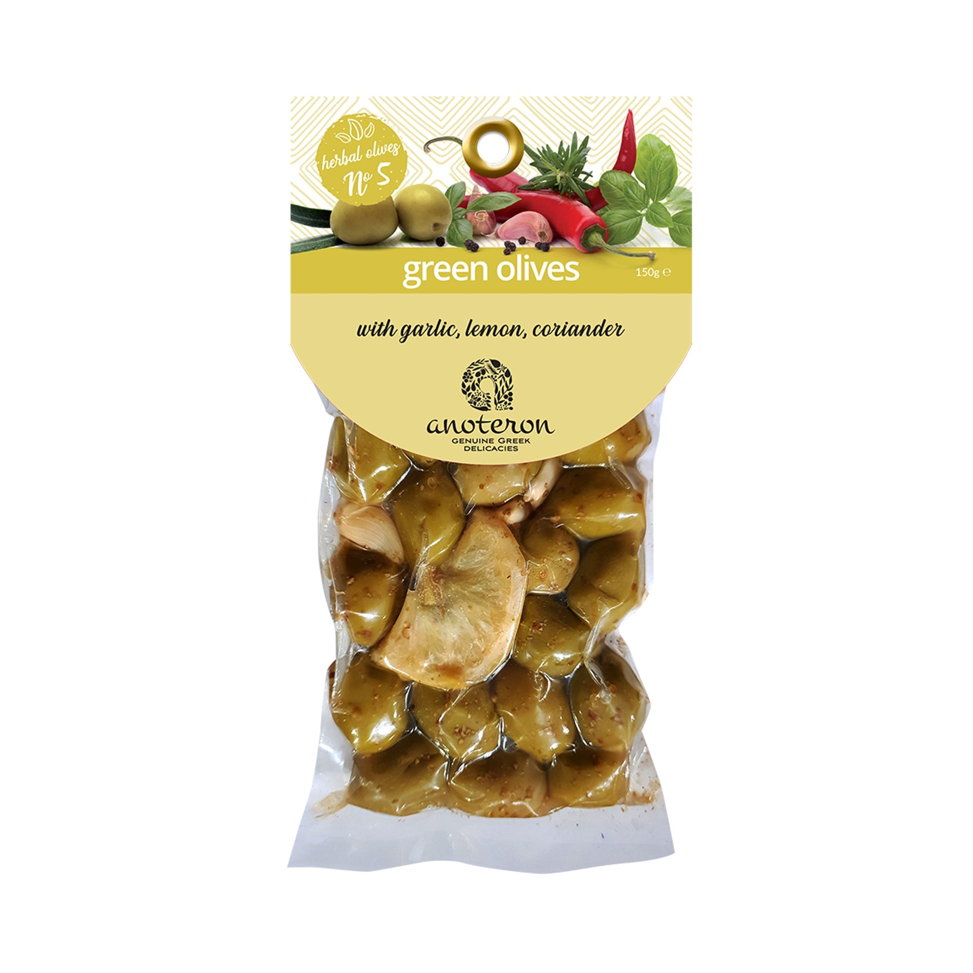 Πράσινες ελιές με βότανα Νο5 Anoteron 150g – με σκόρδο, λεμόνι και κόλιανδρο  