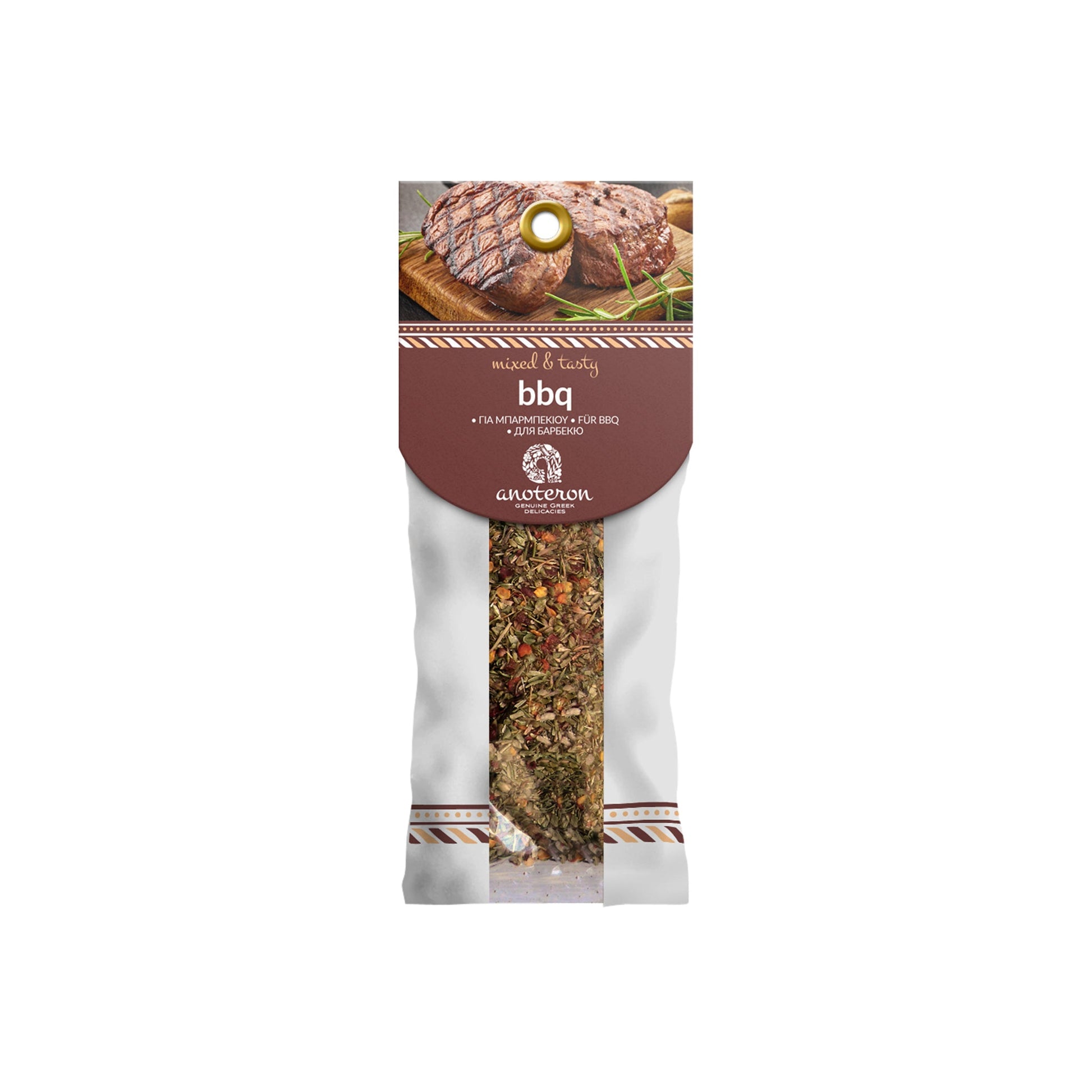 Μείγμα για BBQ Anoteron 50g – ελληνικά μπαχαρικά για κρέας και ψητά, με οπή συσκευασίας για σταντ καταστήματος.