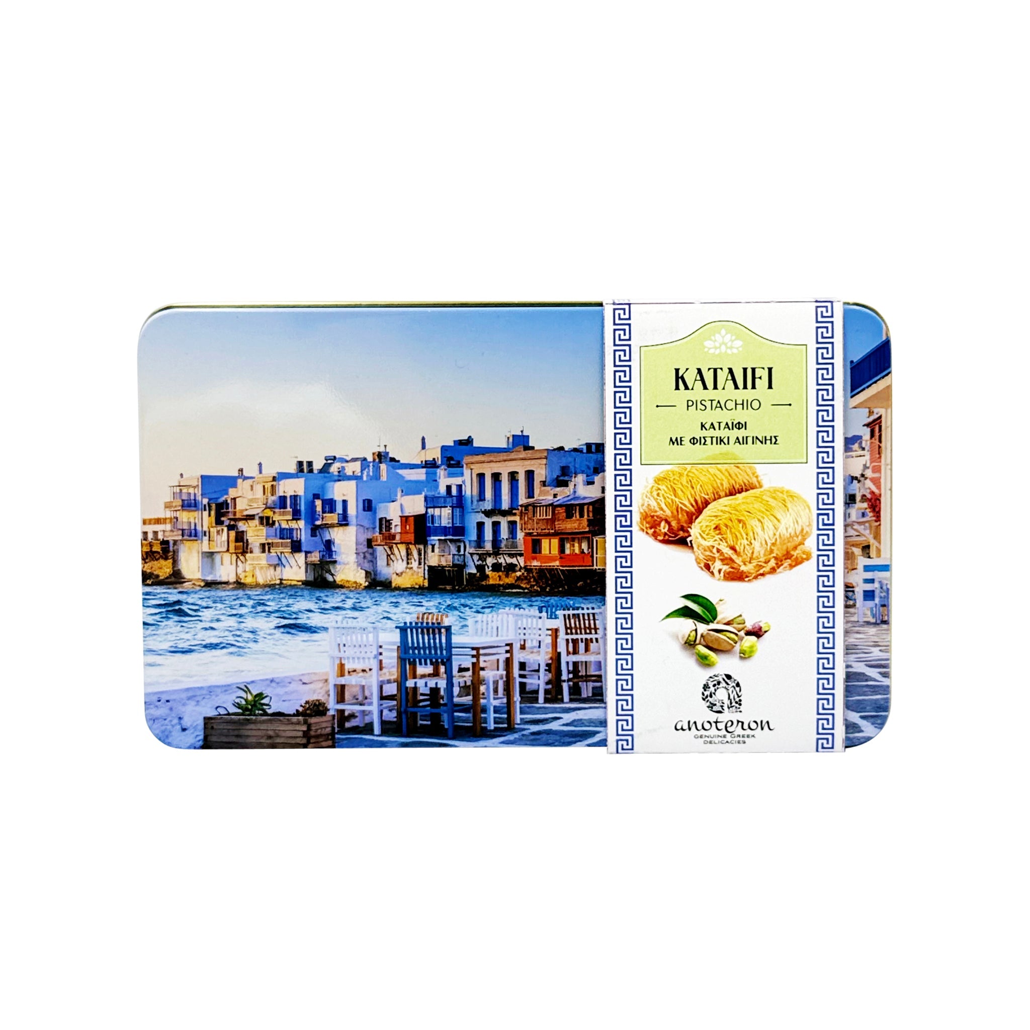 Καταΐφι με φιστίκι Αιγίνης σε κουτί με εικόνα από Μικρή Βενετία Μυκόνου.