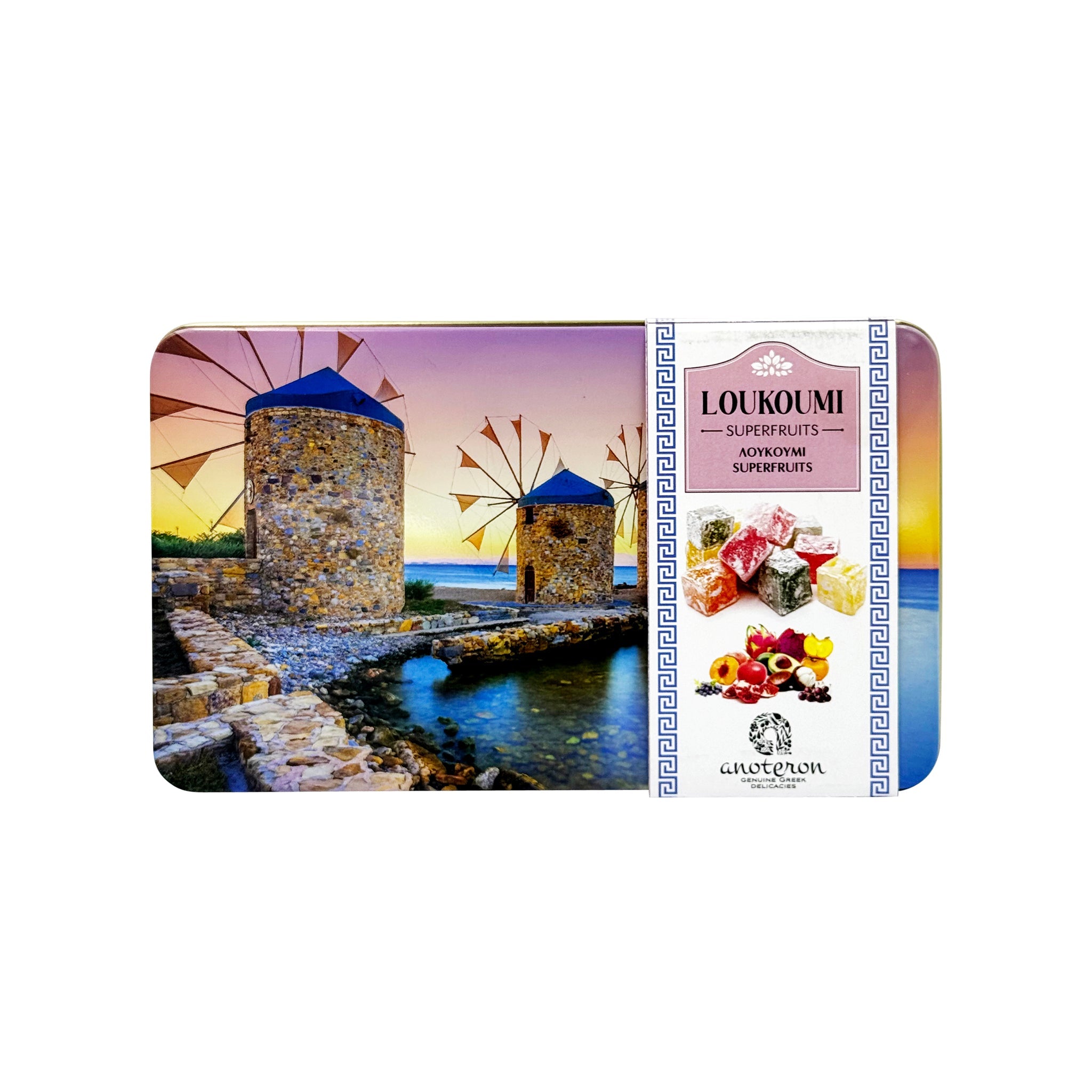 Λουκούμι με superfruits σε κουτί με ανεμόμυλους της Χίου στο ηλιοβασίλεμα.