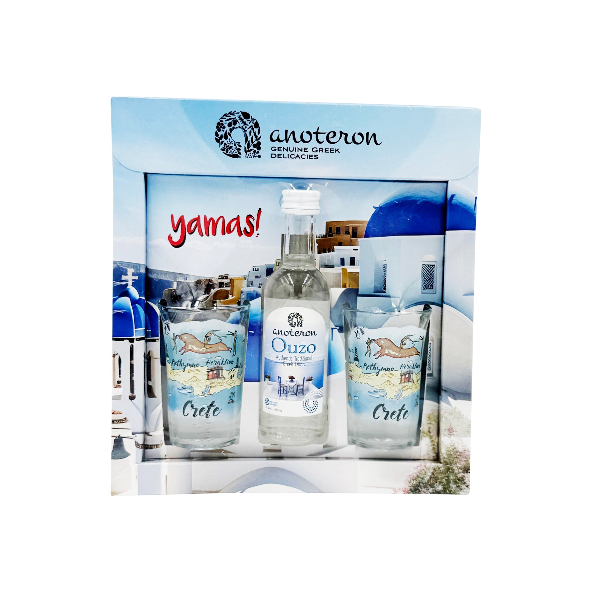 Ούζο 50ml & 2 Σφηνοπότηρα CRETE Σετ Δώρου YAMAS Anoteron  