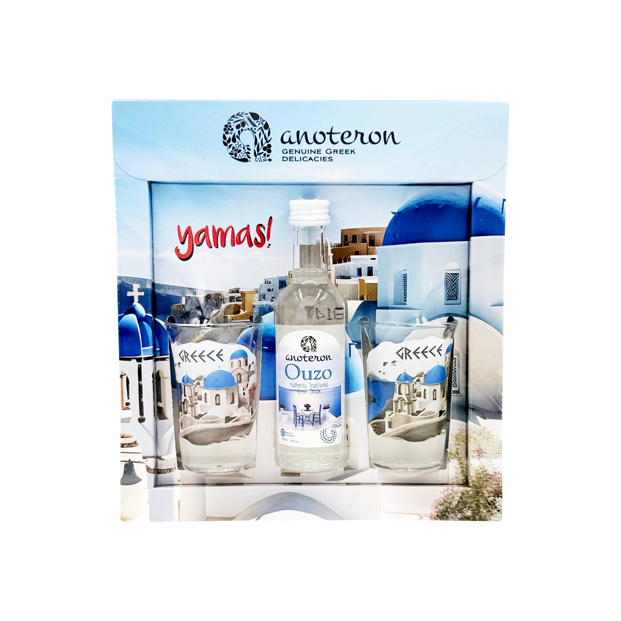 Ούζο 50ml & 2 Σφηνοπότηρα GREECE Σετ Δώρου YAMAS Anoteron  