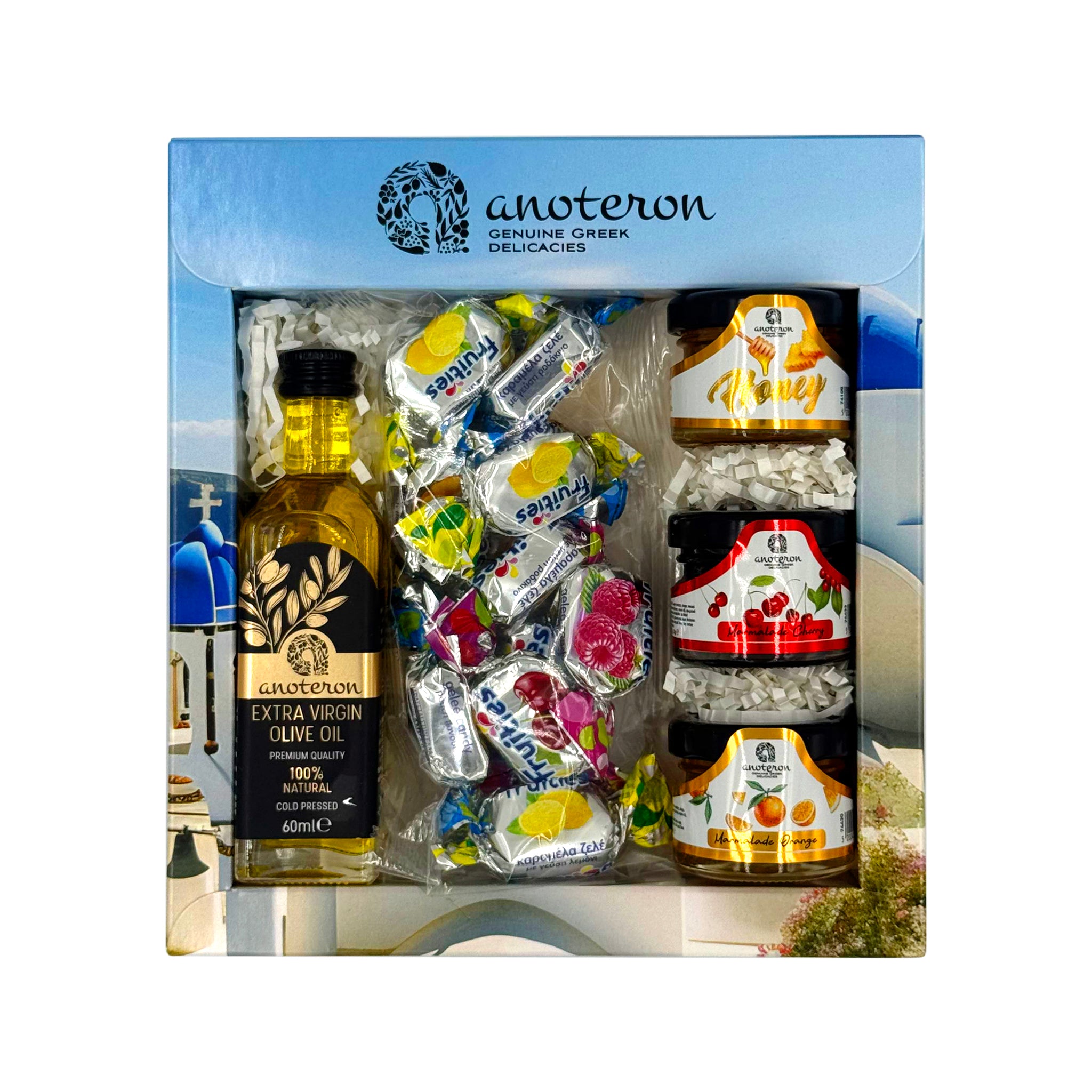 Σετ Δώρου YAMAS Anoteron - Ελαιόλαδο 60ml, 2 Μαρμελάδες, Μέλι & Καραμέλες Ζελέ