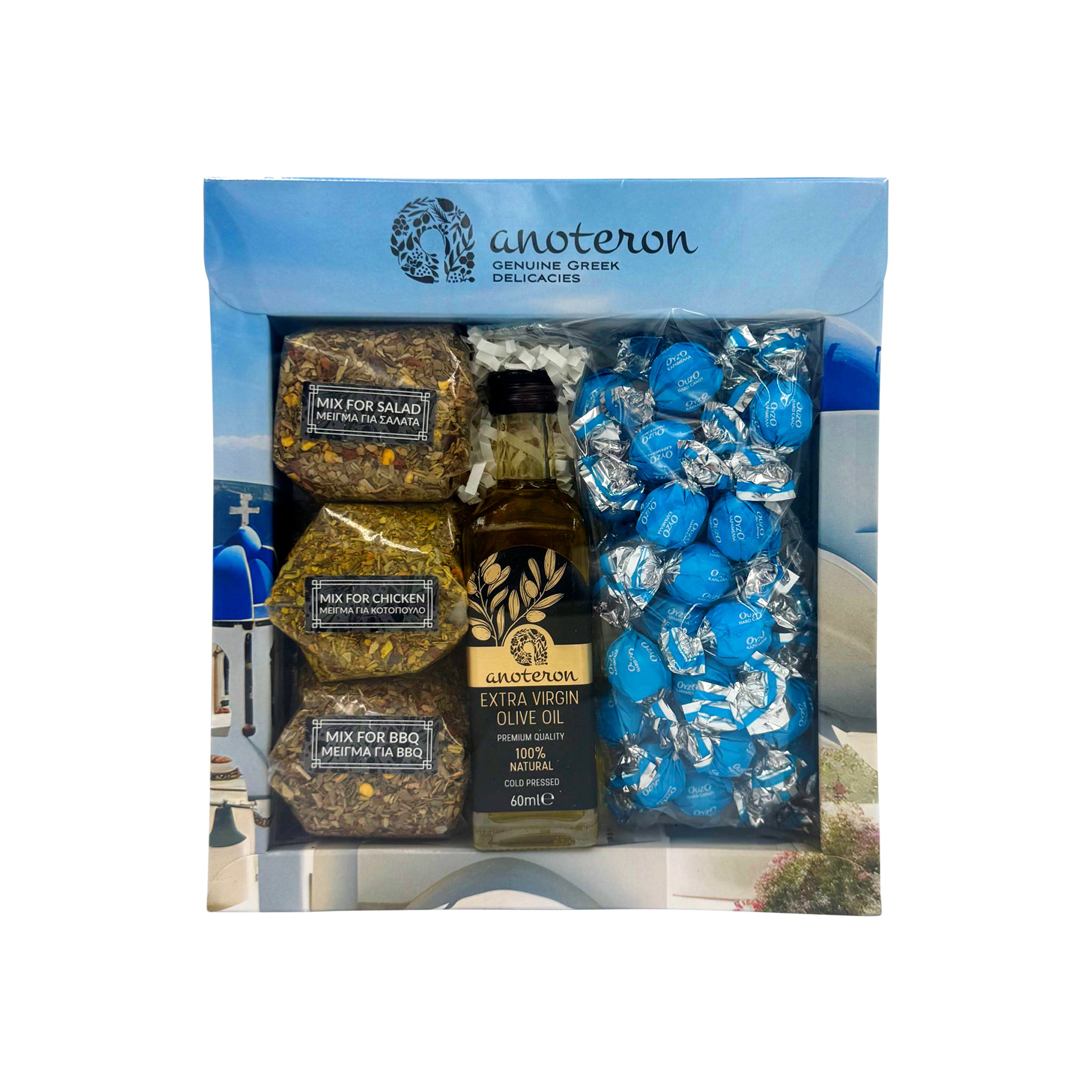 Σετ Δώρου YAMAS Anoteron - Ελαιόλαδο 60ml, Καραμέλες Ούζο & 3 Μπαχαρικά