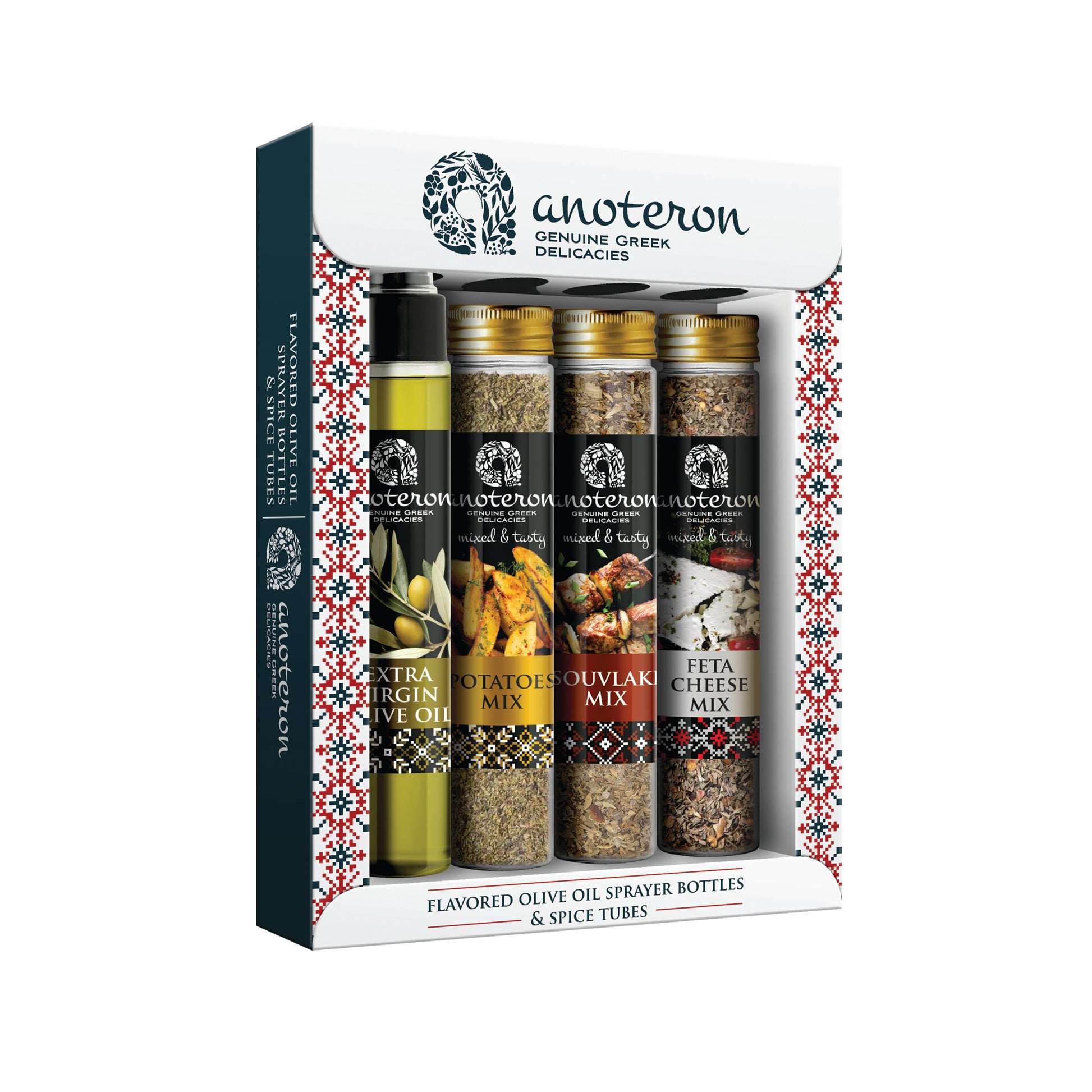 Σετ δώρου με ελαιόλαδο σπρέι και μείγματα για σουβλάκι, πατάτα και φέτα Anoteron  