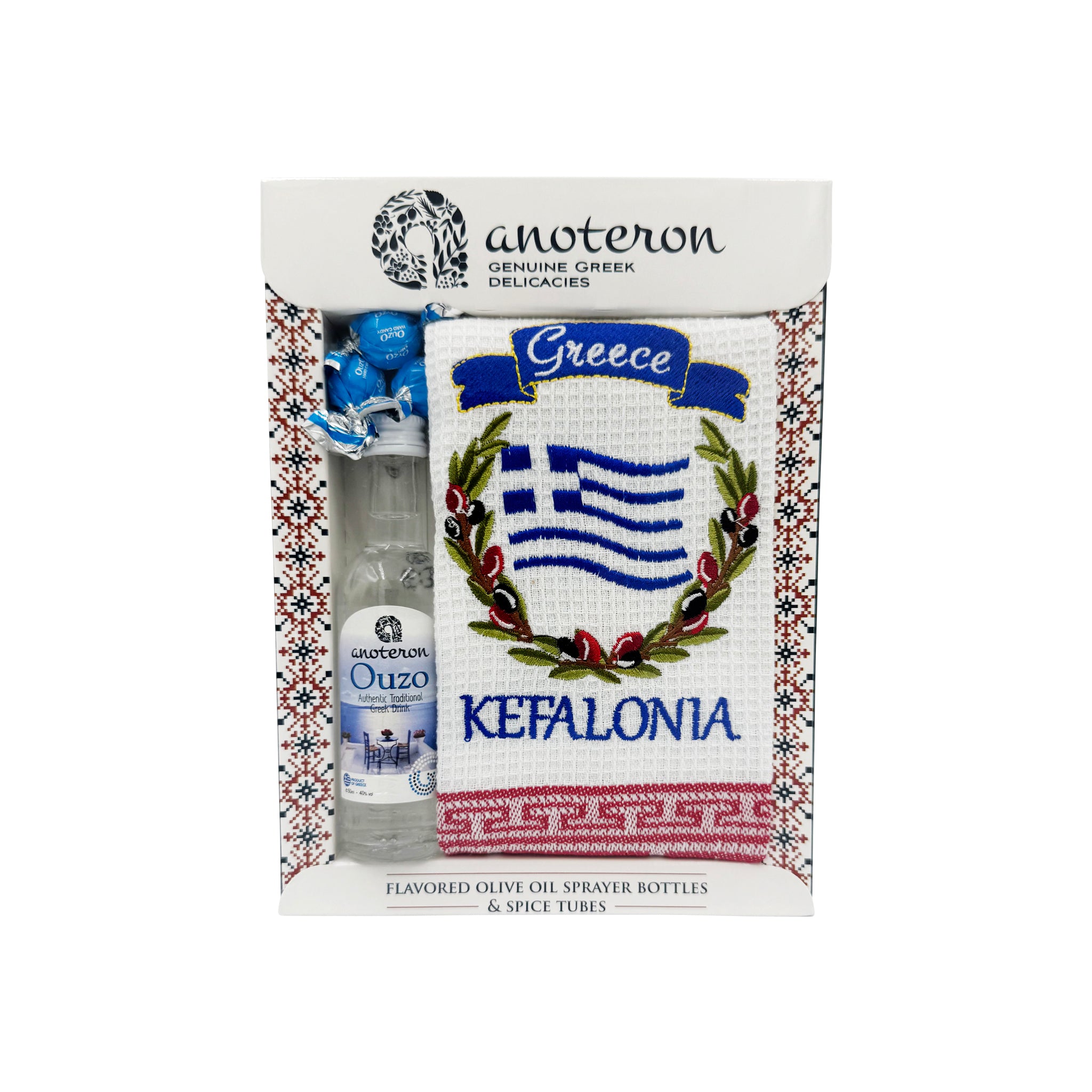 Κεφαλονιά - Σετ Δώρου Τοπωνύμιο Anoteron με Ούζο, Ποτηρόπανο & Καραμέλες Ούζο