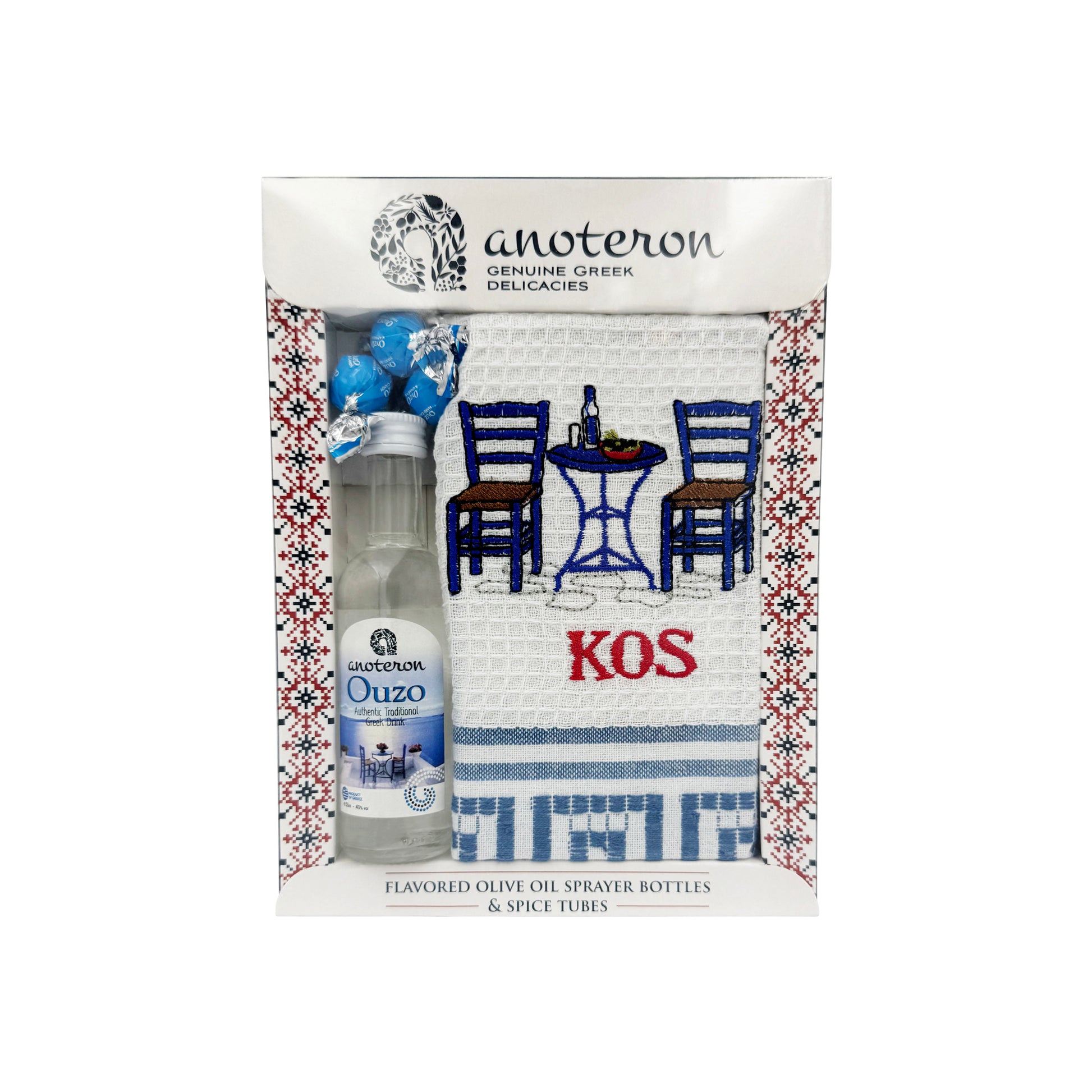 Κως - Σετ Δώρου Τοπωνύμιο Anoteron με Ούζο, Ποτηρόπανο & Καραμέλες Ούζο