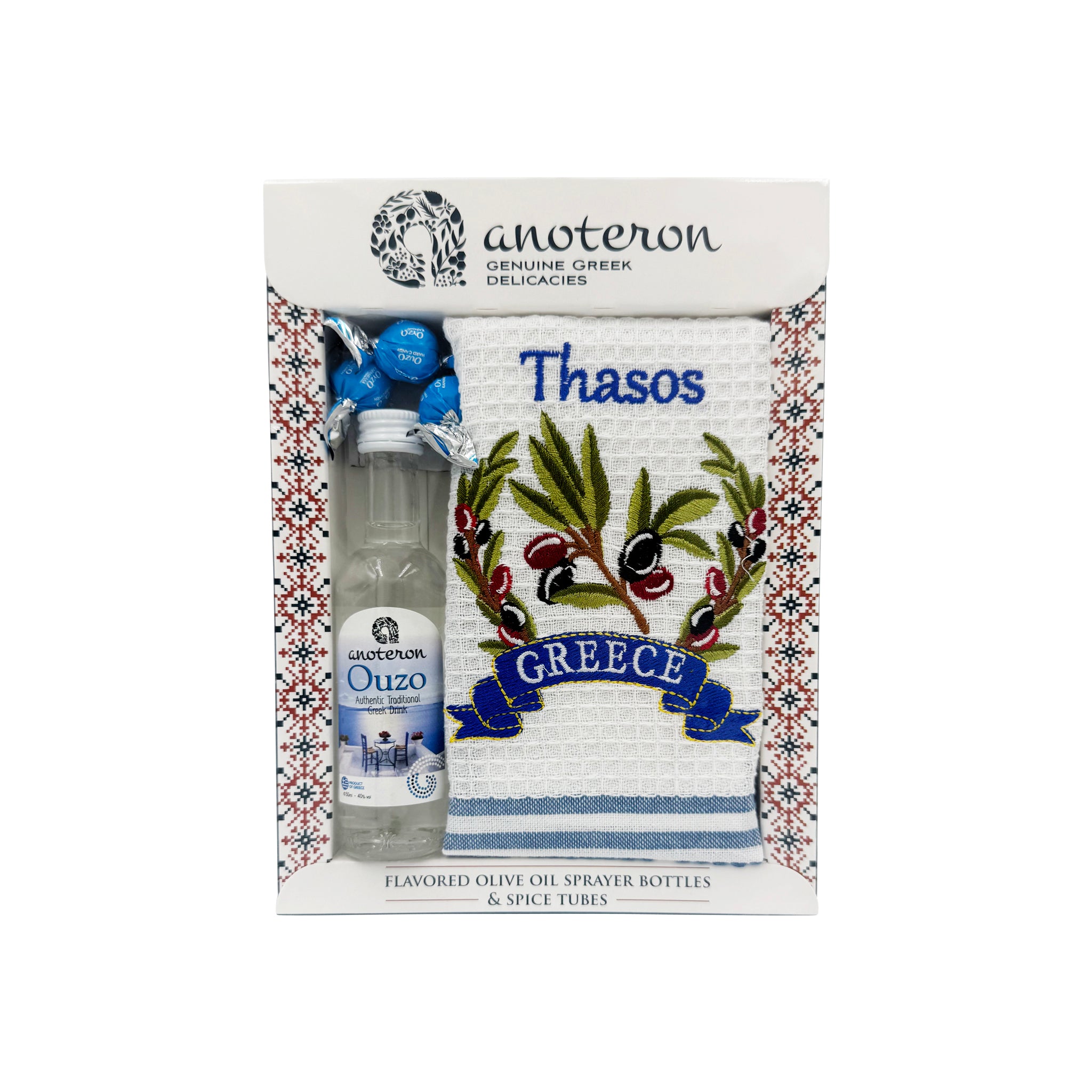 Θάσος - Σετ Δώρου Τοπωνύμιο Anoteron με Ούζο, Ποτηρόπανο & Καραμέλες Ούζο
