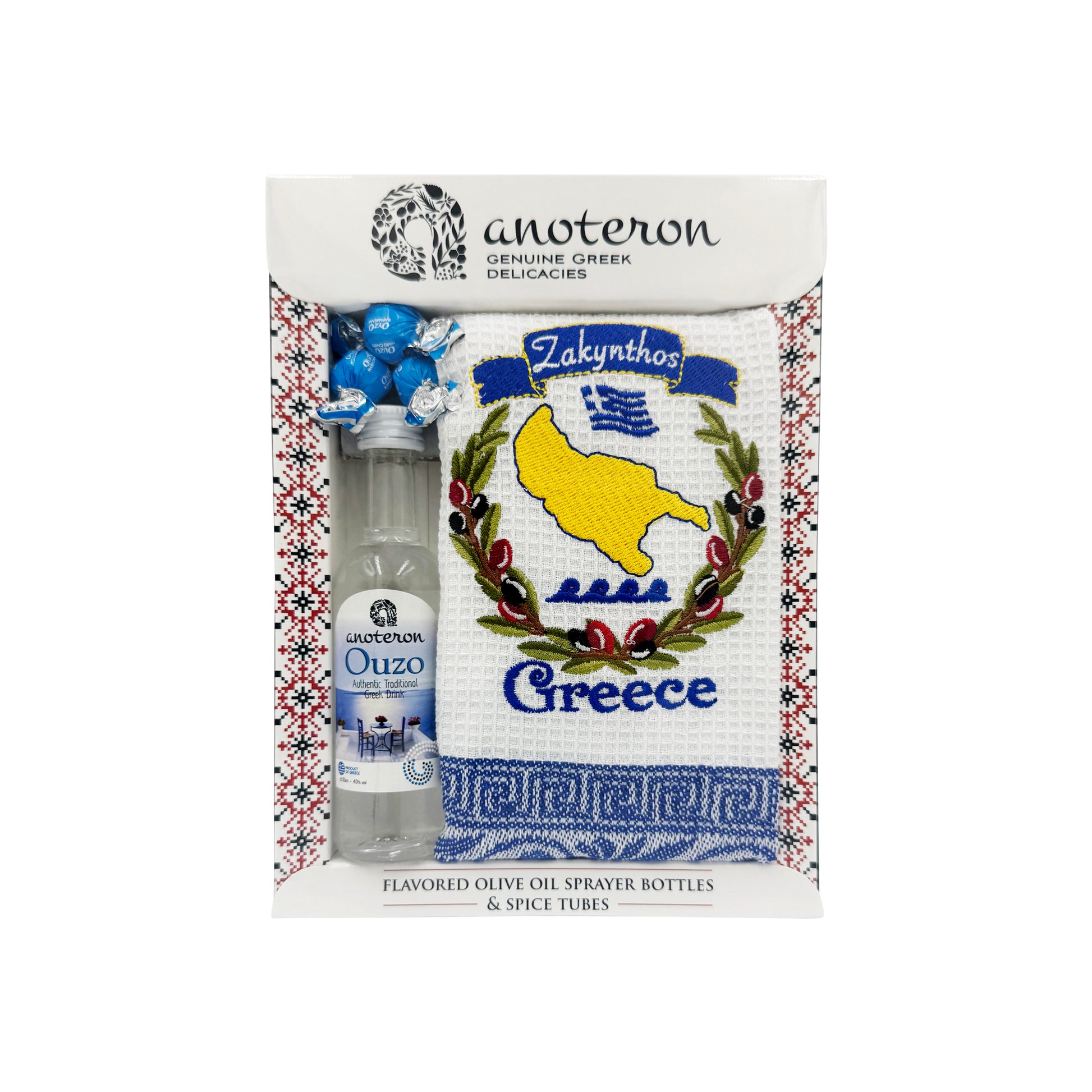 Ζάκυνθος - Σετ Δώρου Τοπωνύμιο Anoteron με Ούζο, Ποτηρόπανο & Καραμέλες Ούζο
