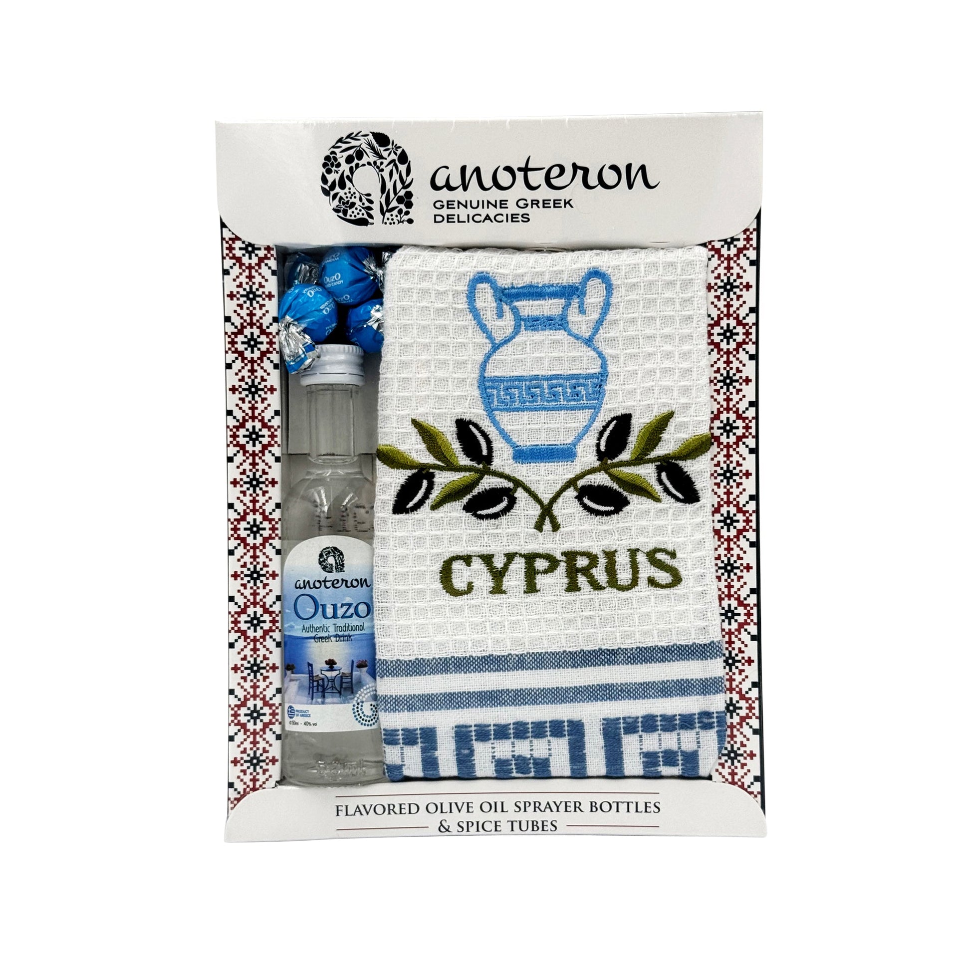 Δώρο με ούζο 50ml, ποτηρόπανο με ελληνικό σχέδιο και καραμέλες ούζου Anoteron  