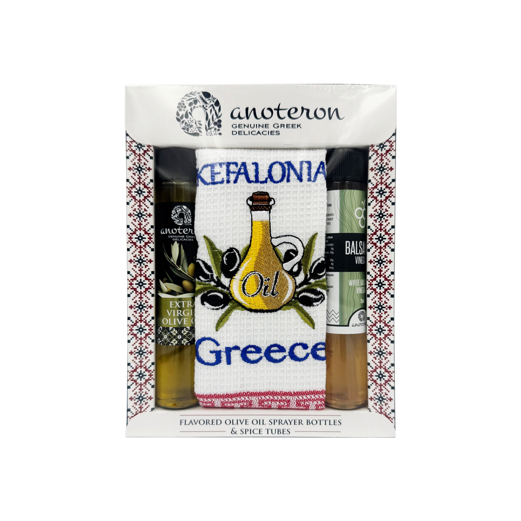 Κεφαλονιά - Σετ Δώρου Τοπωνύμιο Anoteron - Ελαιόλαδο Σπρέι 70ml, Ξύδι Σπρέι 70ml & Ποτηρόπανο Kefalonia