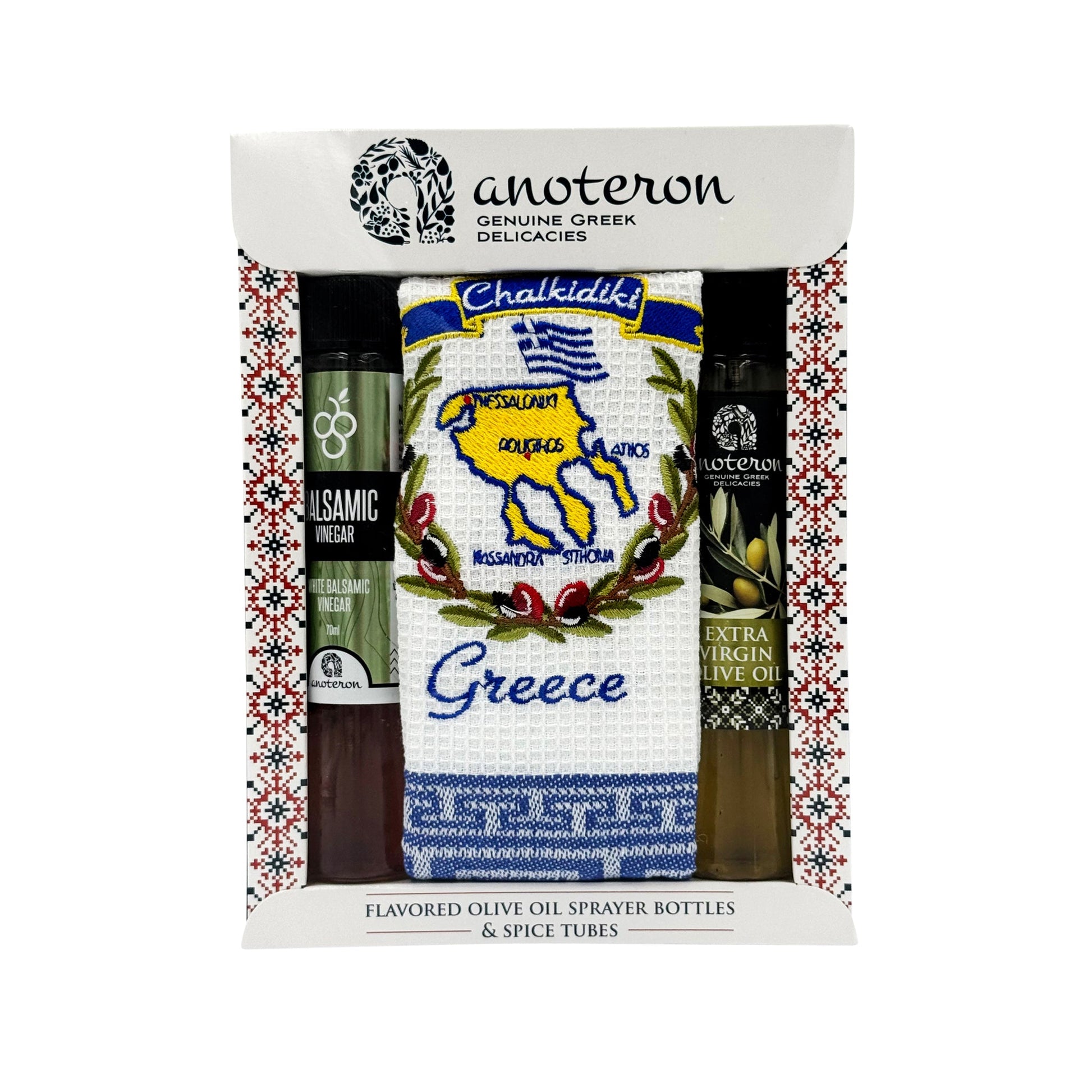 Σετ με ελαιόλαδο σπρέι, ξύδι σπρέι και ποτηρόπανο με ελληνικό σχέδιο Anoteron  