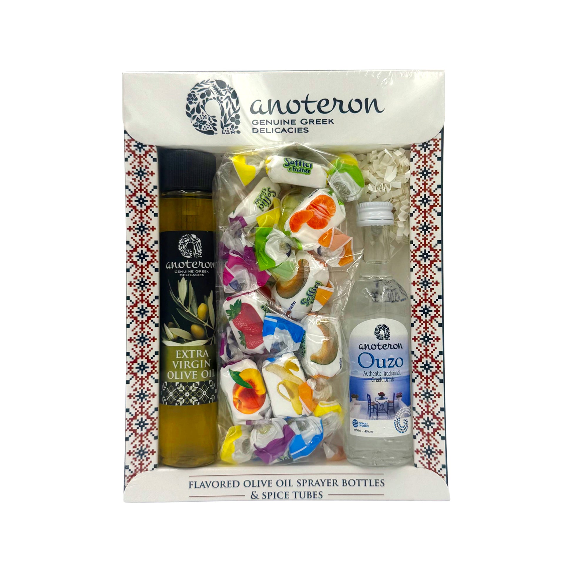 Σετ Δώρου Anoteron - Ούζο 50ml, Ελαιόλαδο Σπρέι 70ml & Καραμέλες Toffee