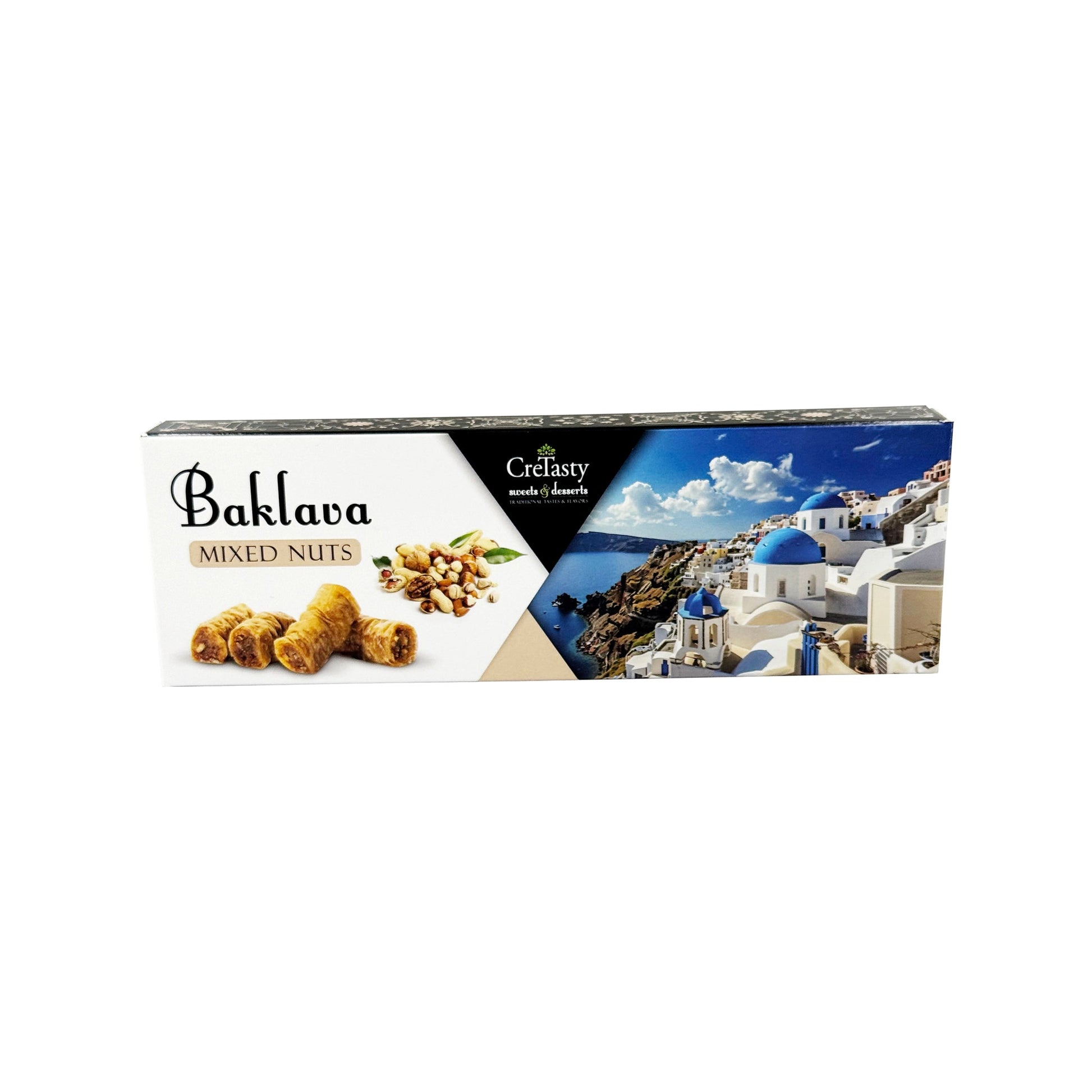 Μπακλαβάς Ξηροί Καρποί CreTasty 80γ σε συσκευασία με εικόνα από Σαντορίνη