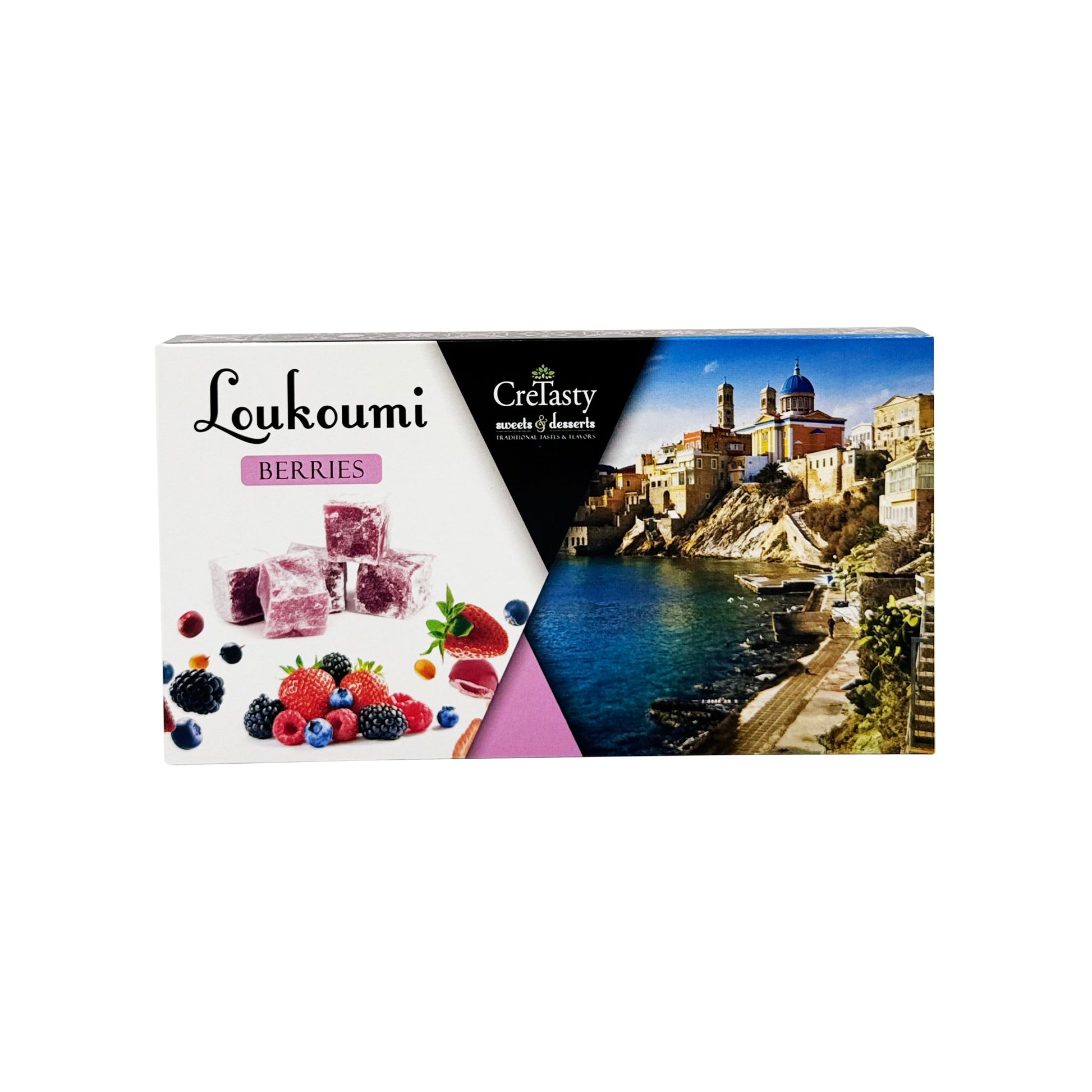 Λουκούμι Berries CreTasty 200γ με γεύση μούρων και συσκευασία εμπνευσμένη από τη Σύρο