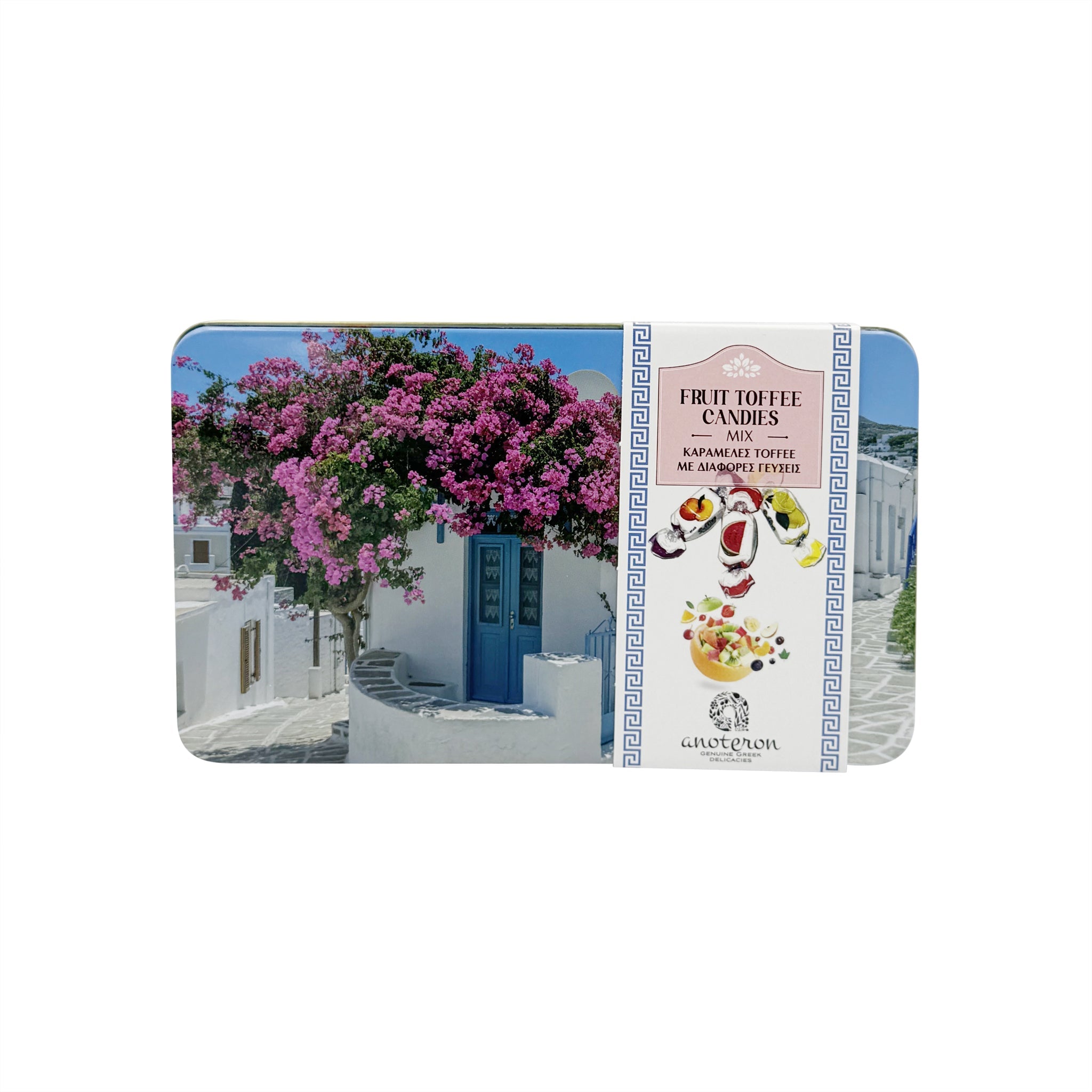Καραμέλες toffee σε κουτί με βουκαμβίλιες και νησιώτικη αυλή.