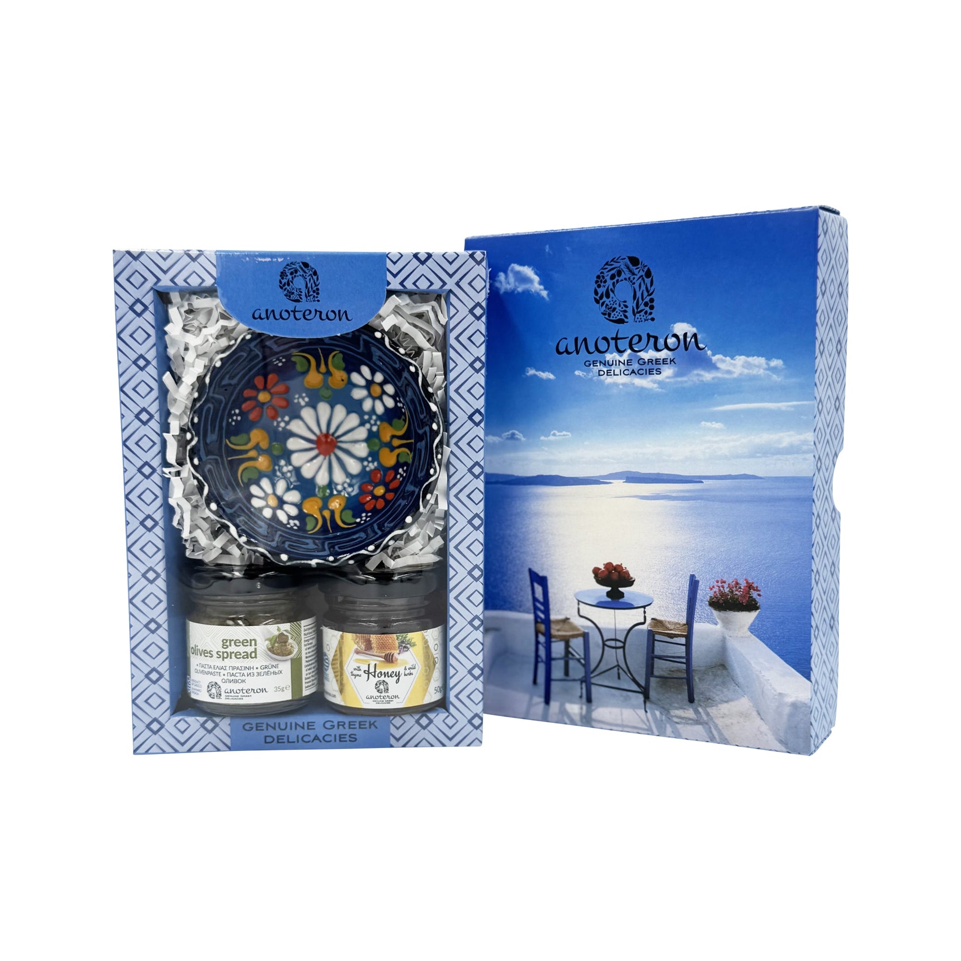 Δώρο με μέλι 50g, πάστα ελιάς και κεραμικό μπωλ, σε κουτί με εικόνα από το Αιγαίο Anoteron  